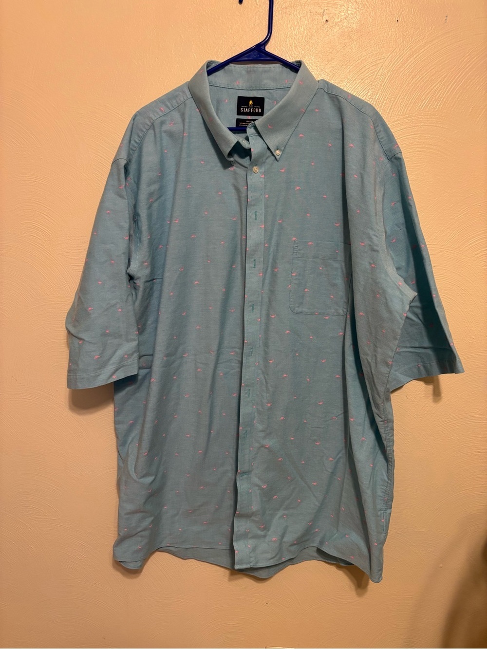 Stafford Travel Wrinkle Free Oxford Shirt Men’s 2XLT Blue Pink Flamingo Print